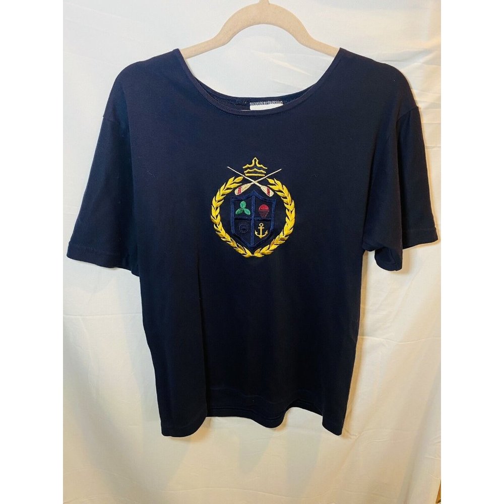 Vintage La Belle Shirt Womens Blue Medium Maritime Embroidered Tee Ladies